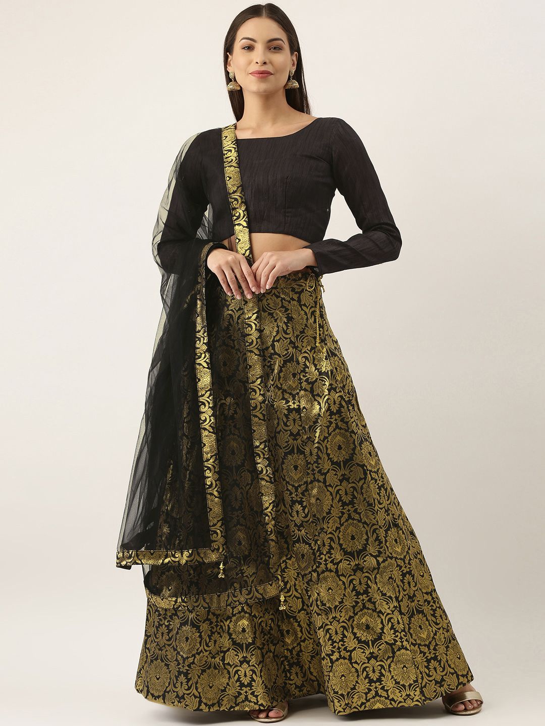 LOOKNBOOK ART Black & Gold-Toned Semi-Stitched Lehenga & Unstitched Blouse With Dupatta Price in India