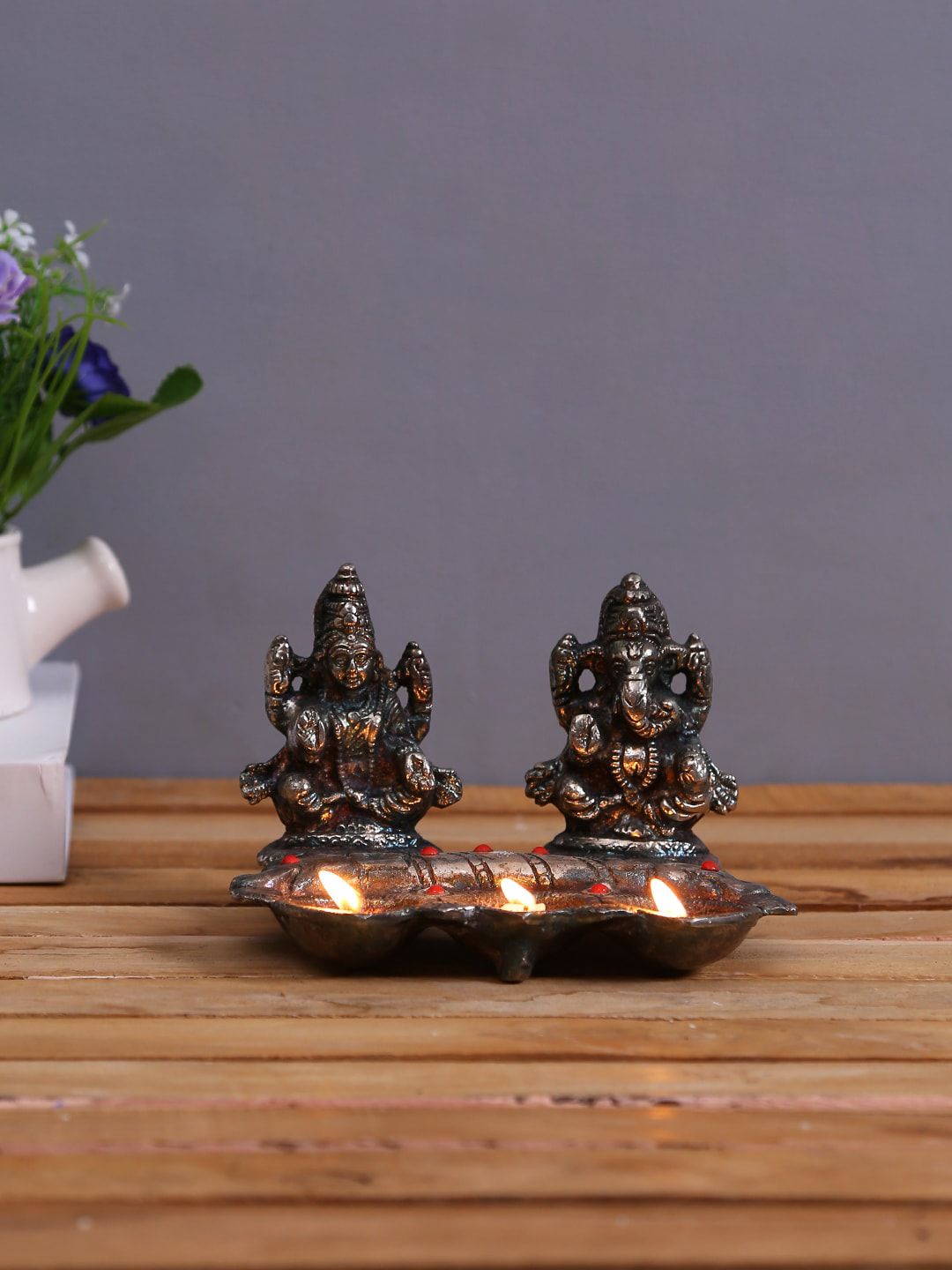 Aapno Rajasthan Silver Metal Finish Laxmi Ganesh With 3 Diyas Price in India