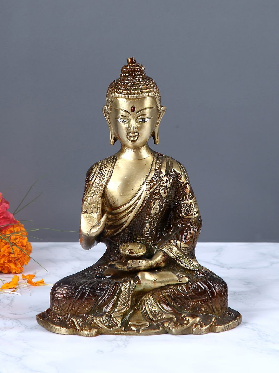 Aapno Rajasthan Gold Toned Copper Finish Buddha Brass Statue Price in India