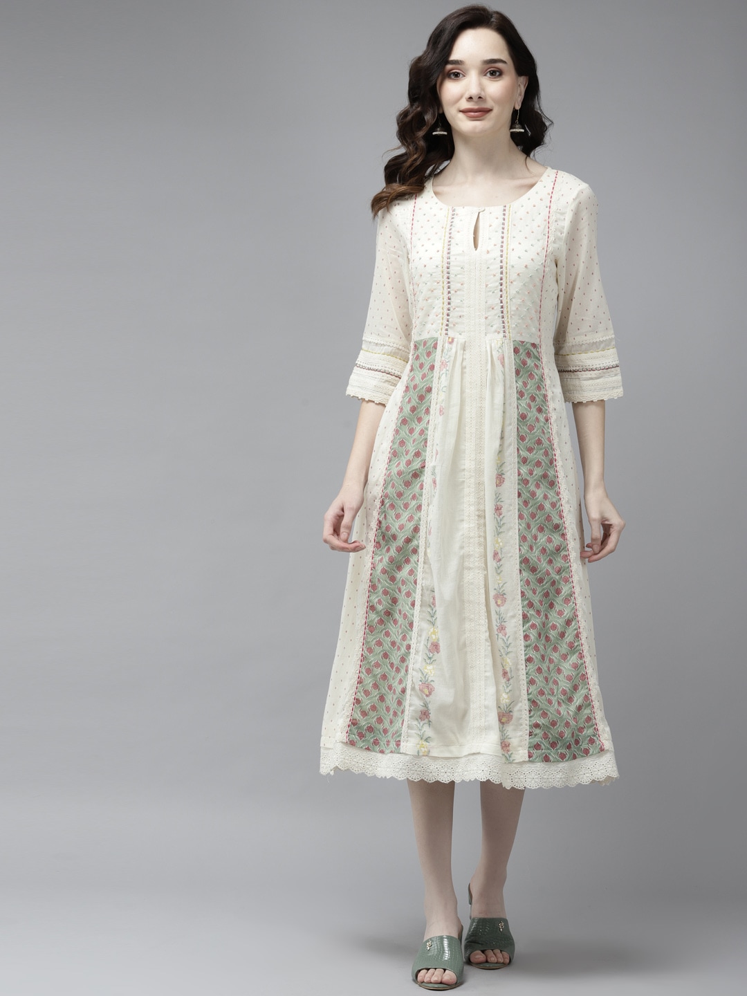 W Off White & Green Ethnic Motifs Keyhole Neck Ethnic A-Line Midi Dress Price in India