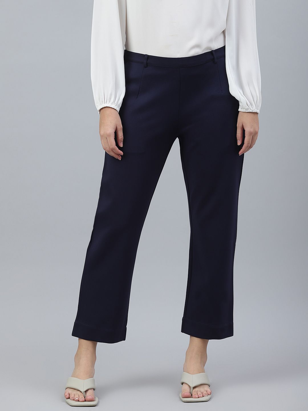 W Women Navy Blue Solid Trousers Price in India