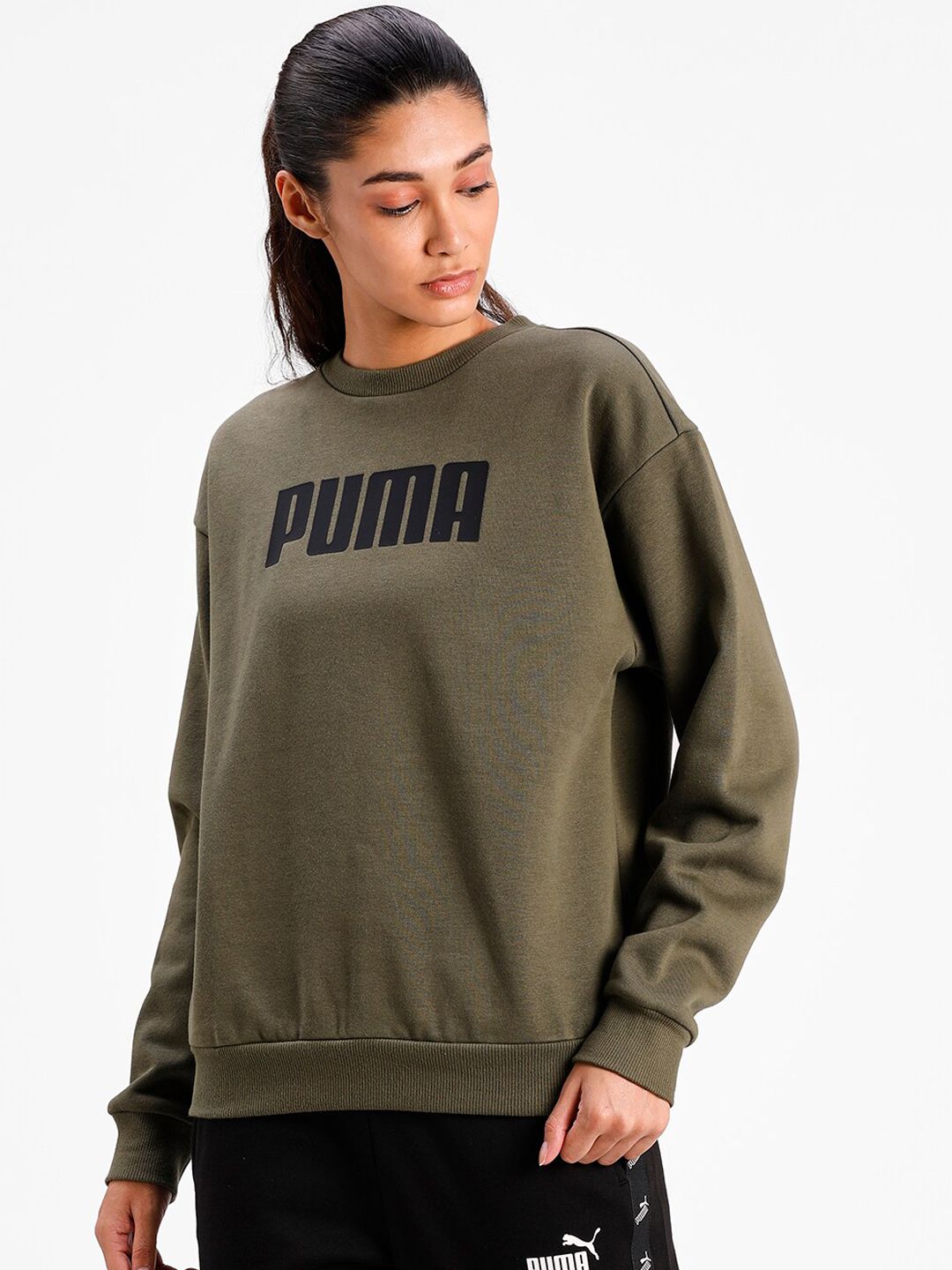 Puma Women Olive Green Printed Sweatshirt