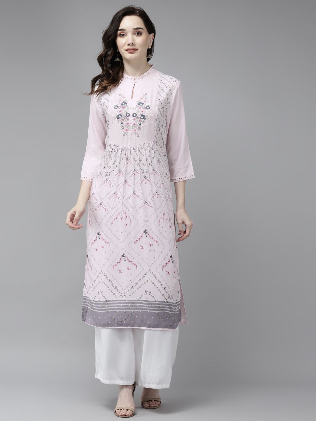 W Women Lavender Floral Printed Mandarin Collar Kurta Price in India