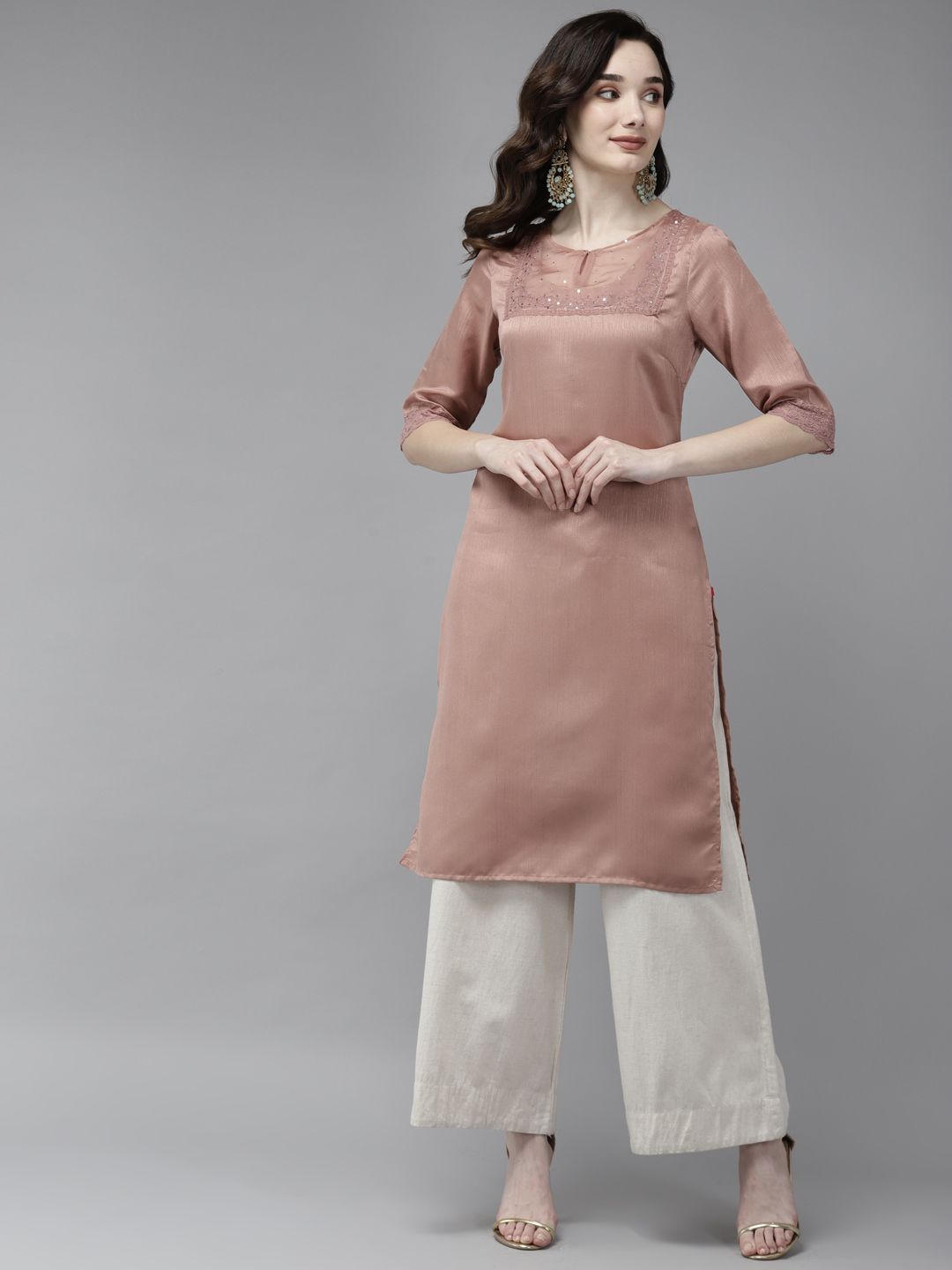 W Women Dusty Rose Solid Sequin Work Yoke Design Straight Kurta Price in India