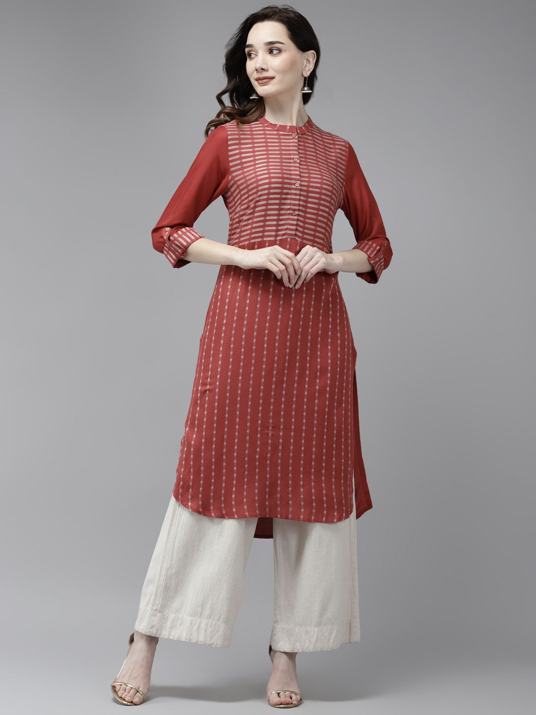 W Women Red & White Striped Woven Design Roll-Up Sleeves A-line Kurta Price in India