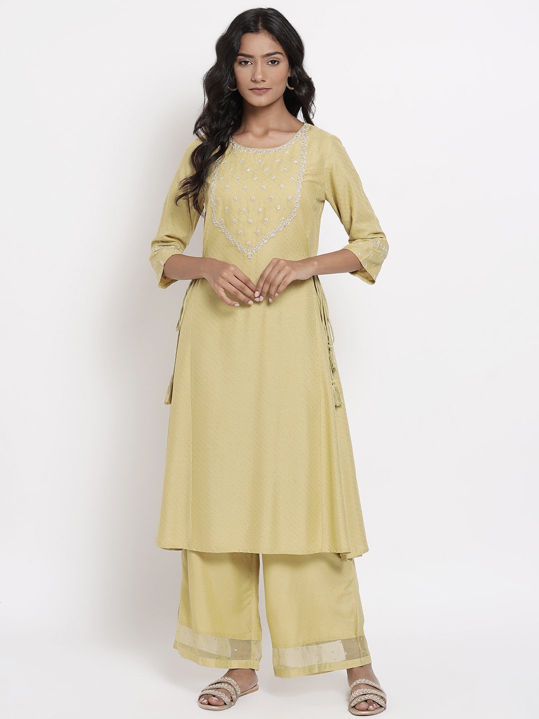 W Women Yellow Floral Embroidered Kurta Price in India