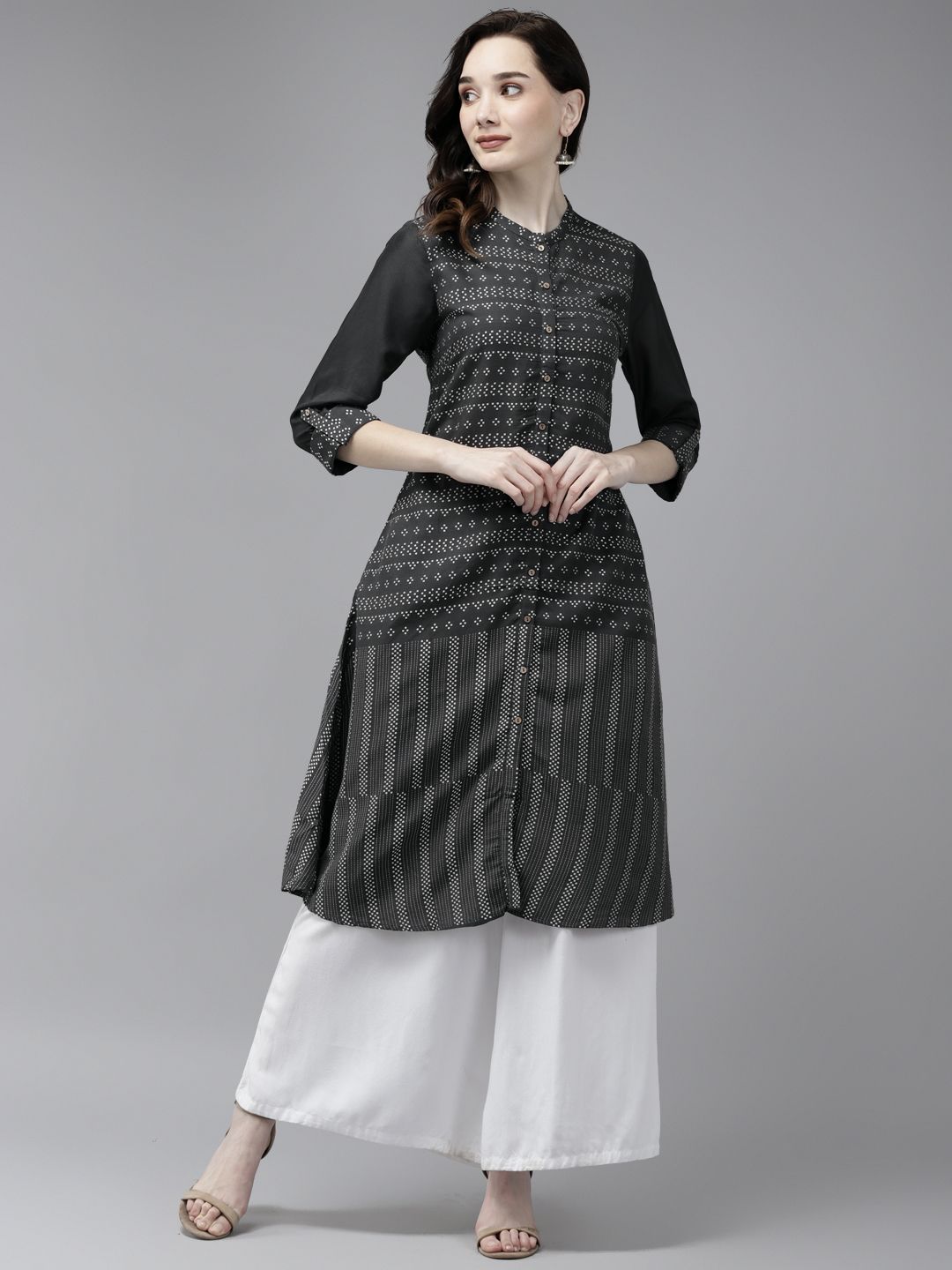 W Women Charcoal & White Geometric Woven Design Mandarin Collar A-line Kurta Price in India