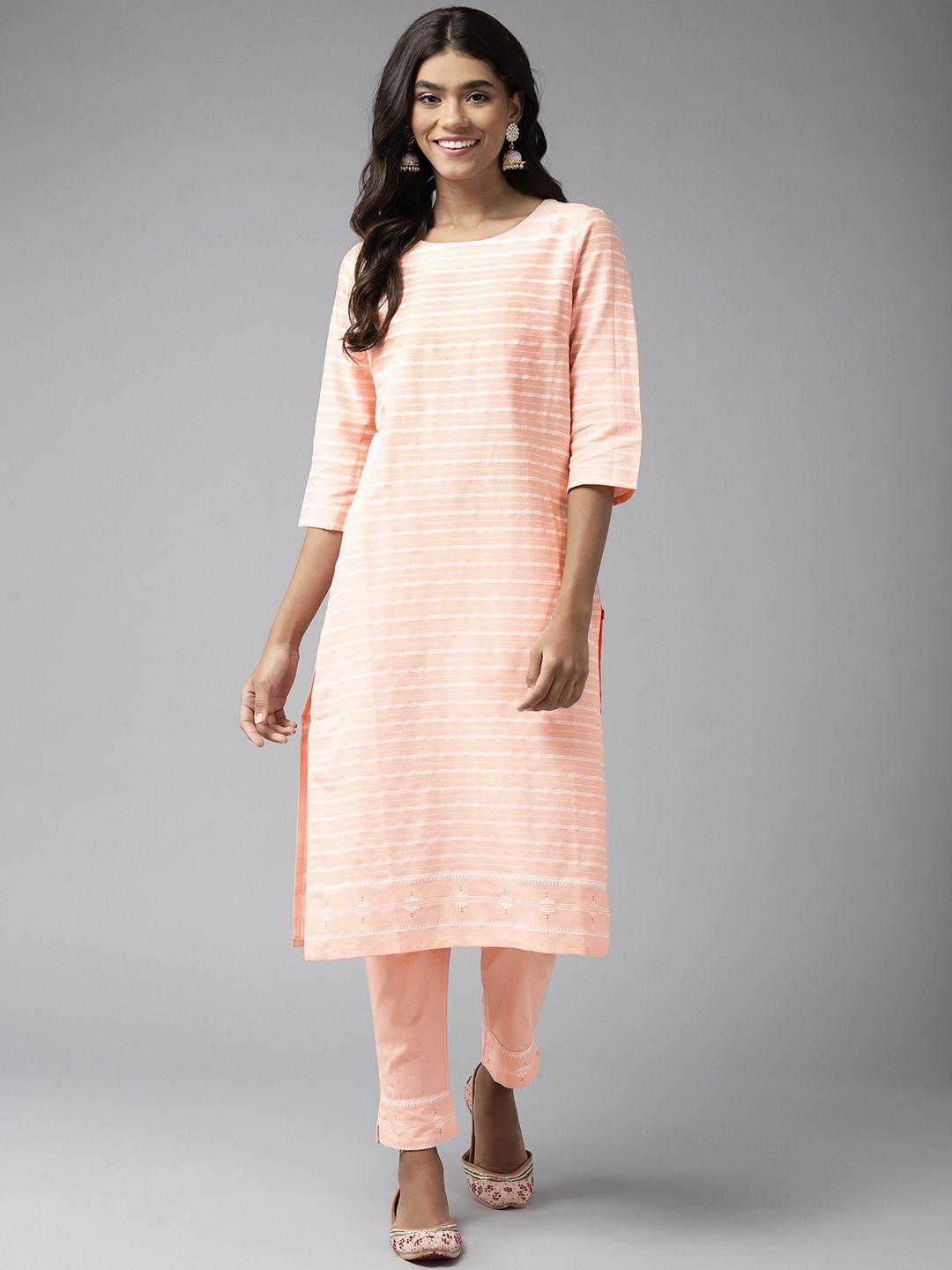 W Women Pink Striped Kurta with Trousers Price in India