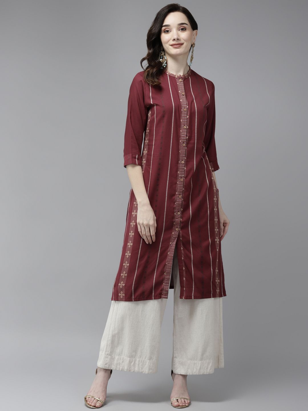 W Women Maroon & Beige Ethnic Motifs Woven Design Mandarin Collar A-line Kurta Price in India
