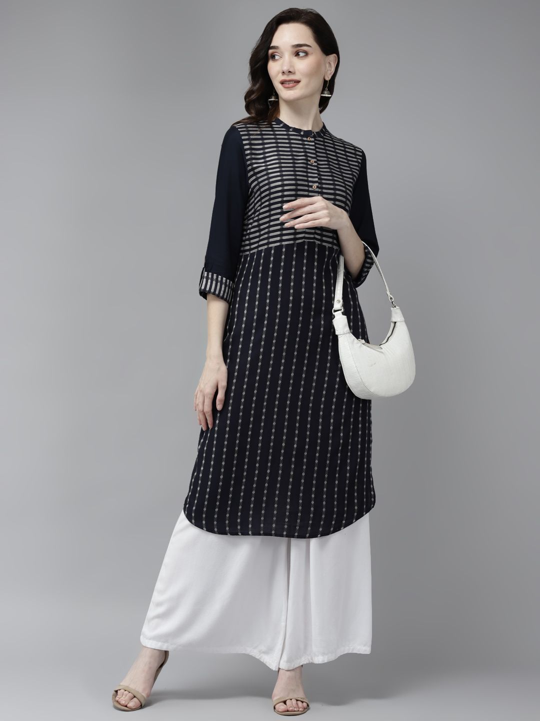 W Women Navy Blue & White Striped Woven Design A-line Kurta Price in India