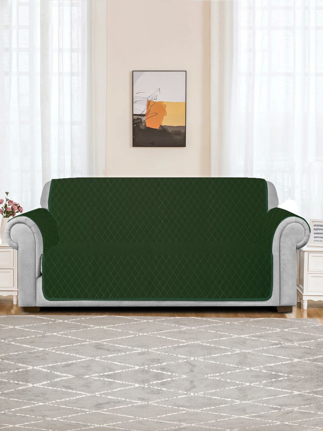 Rajasthan Decor Green Quilted Cotton Reversible 2 Seater Sofa Cover Price in India