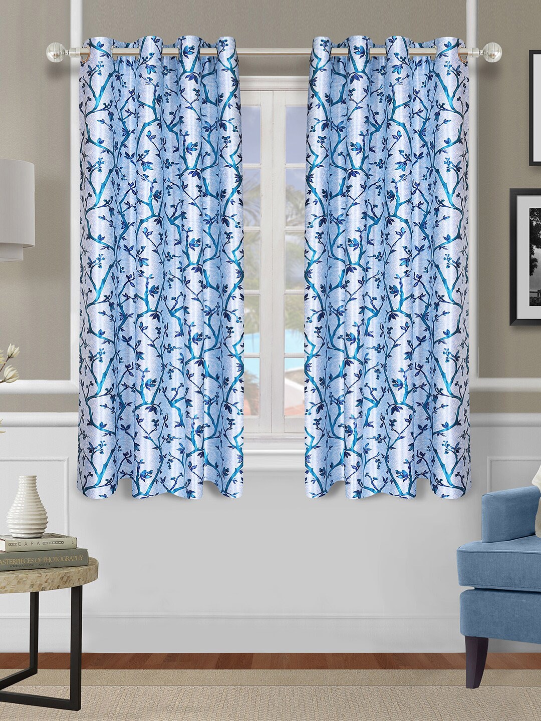ROMEE Set of 2 Blue & White Floral Room Darkening Window Curtains Price in India