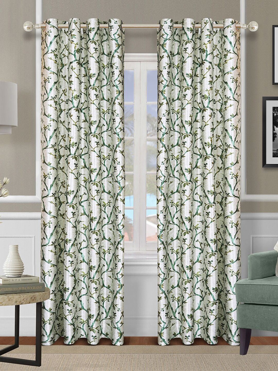 ROMEE White & Green Set of 2 Floral Room Darkening Door Curtain Price in India