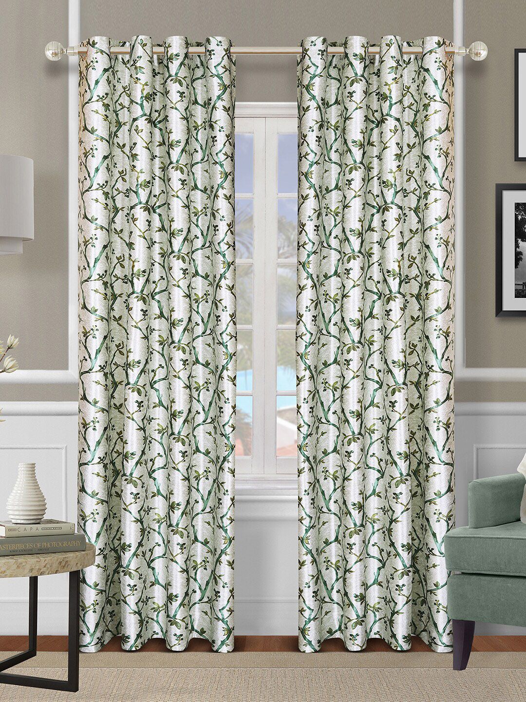 ROMEE Green & Off White Set of 2 Floral Room Darkening Long Door Curtain