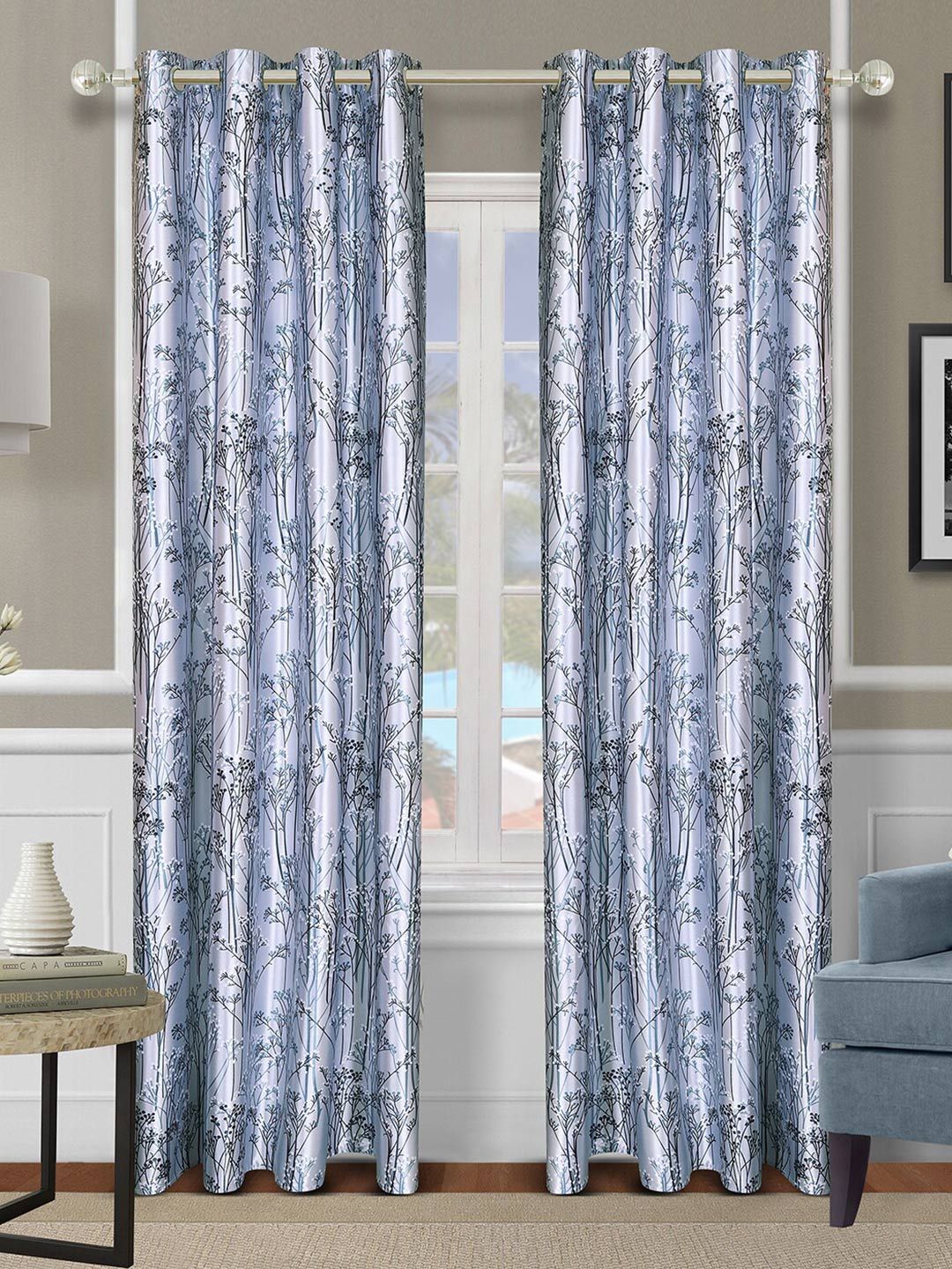 ROMEE Blue & Black Set of 2 Floral Room Darkening Long Door Curtain Price in India