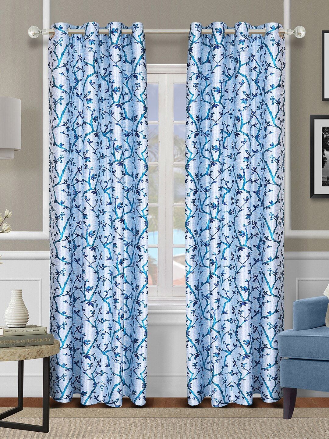 ROMEE Blue & Off White Set of 2 Floral Room Darkening Door Curtain Price in India