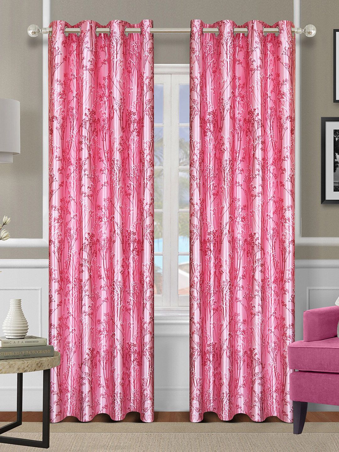 ROMEE Set Of 2 Pink & Red Floral Printed Room Darkening Door Curtain Price in India