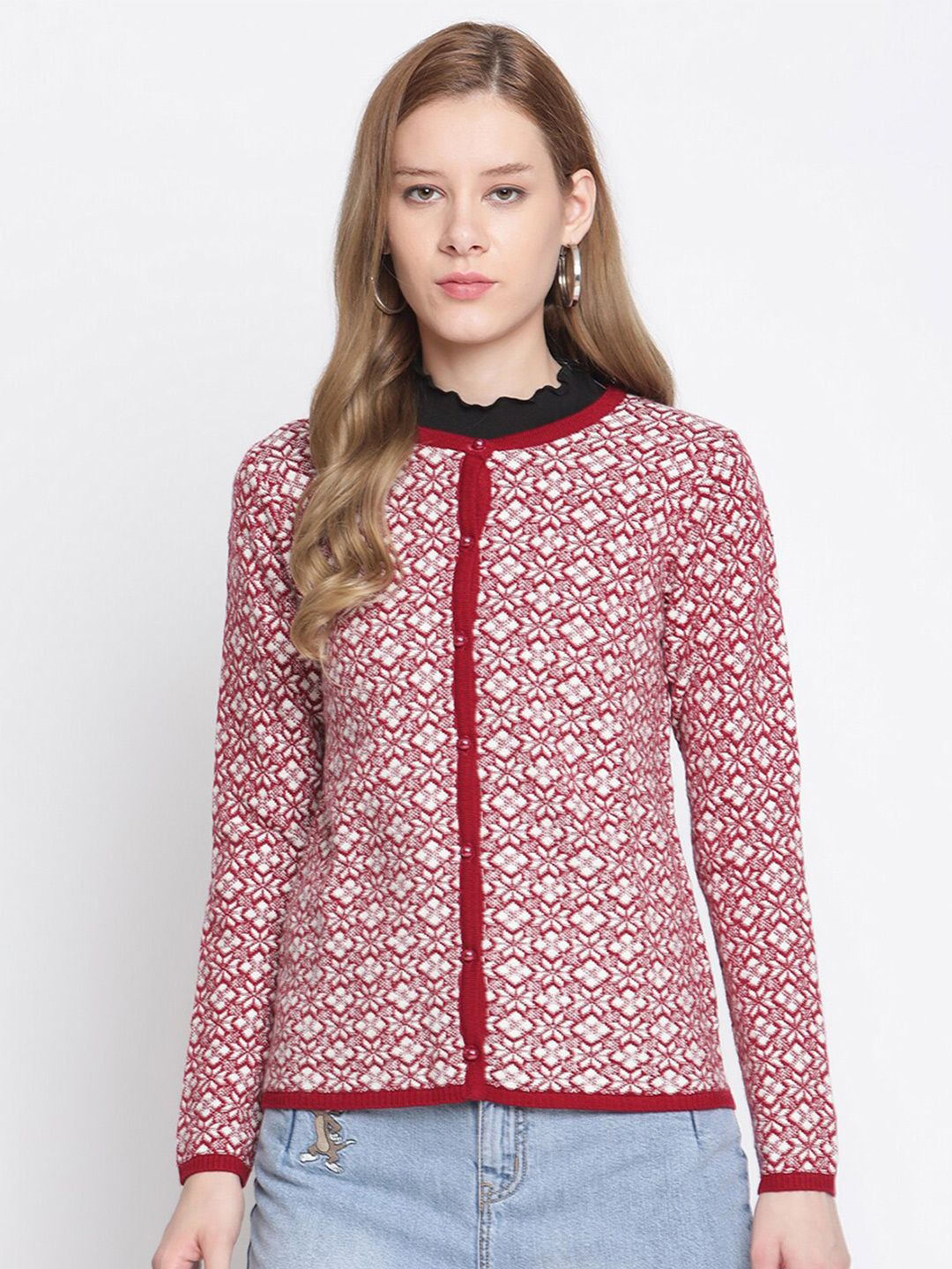 Madame Women Maroon & White Ethnic Motifs Cardigan Sweater Price in India