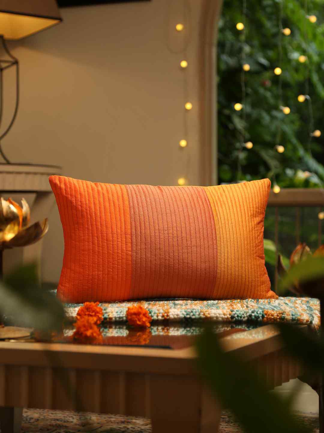 Amoliconcepts Orange & Mustard Pintuck Cushion Cover Price in India