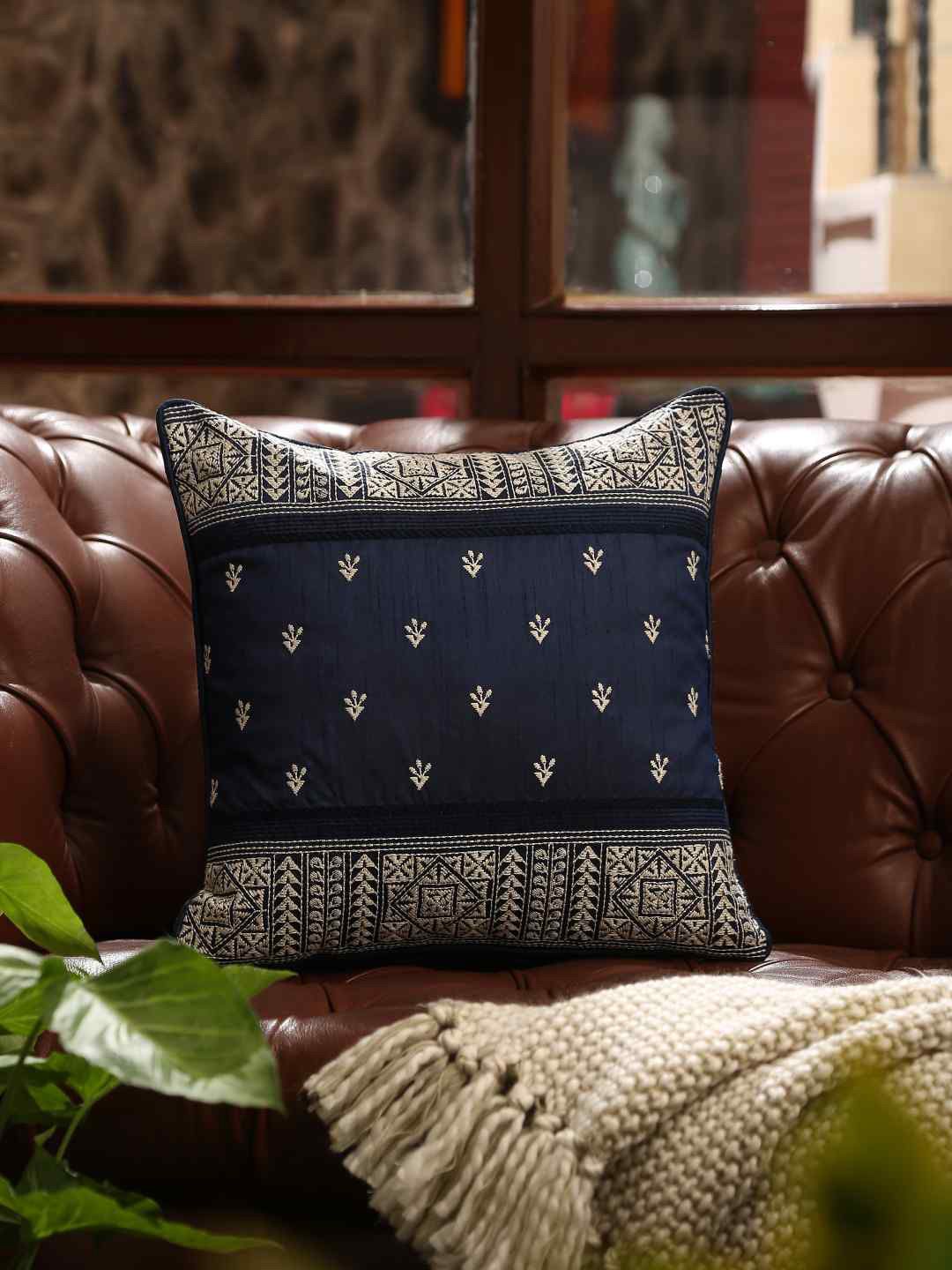 Amoliconcepts Navy Blue Kantha Embroidered Square Cushion Cover Price in India
