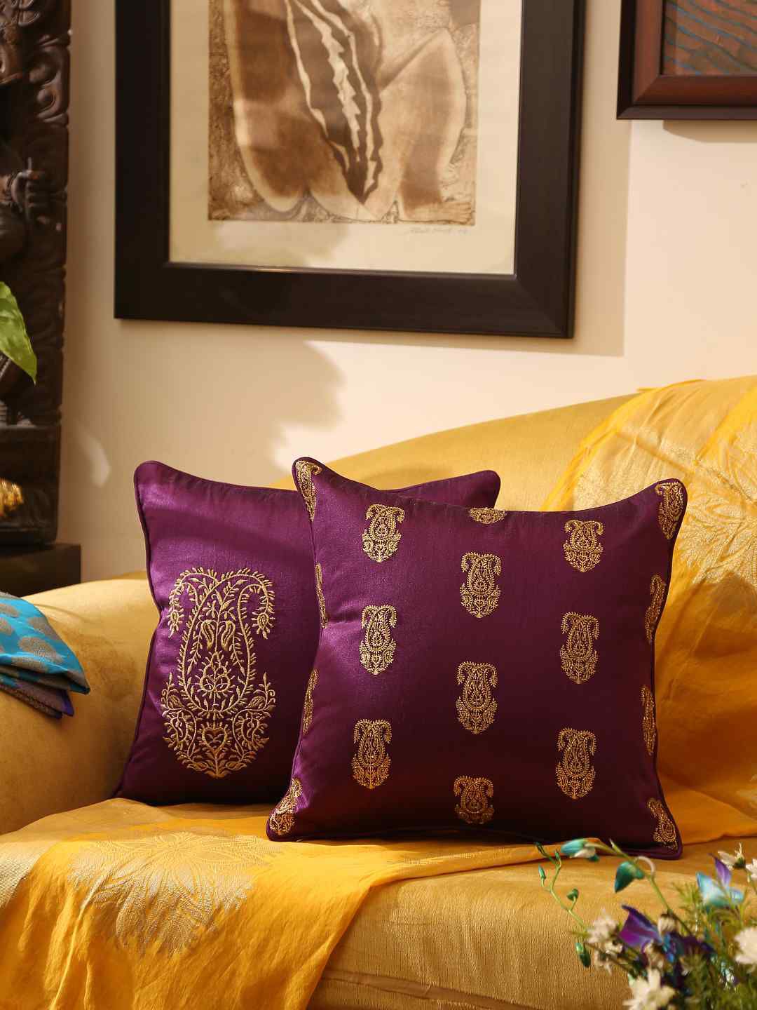 Amoliconcepts Set Of 2 Purple & Gold-Toned Ethnic Motifs Embroidered Square Cushion Covers Price in India