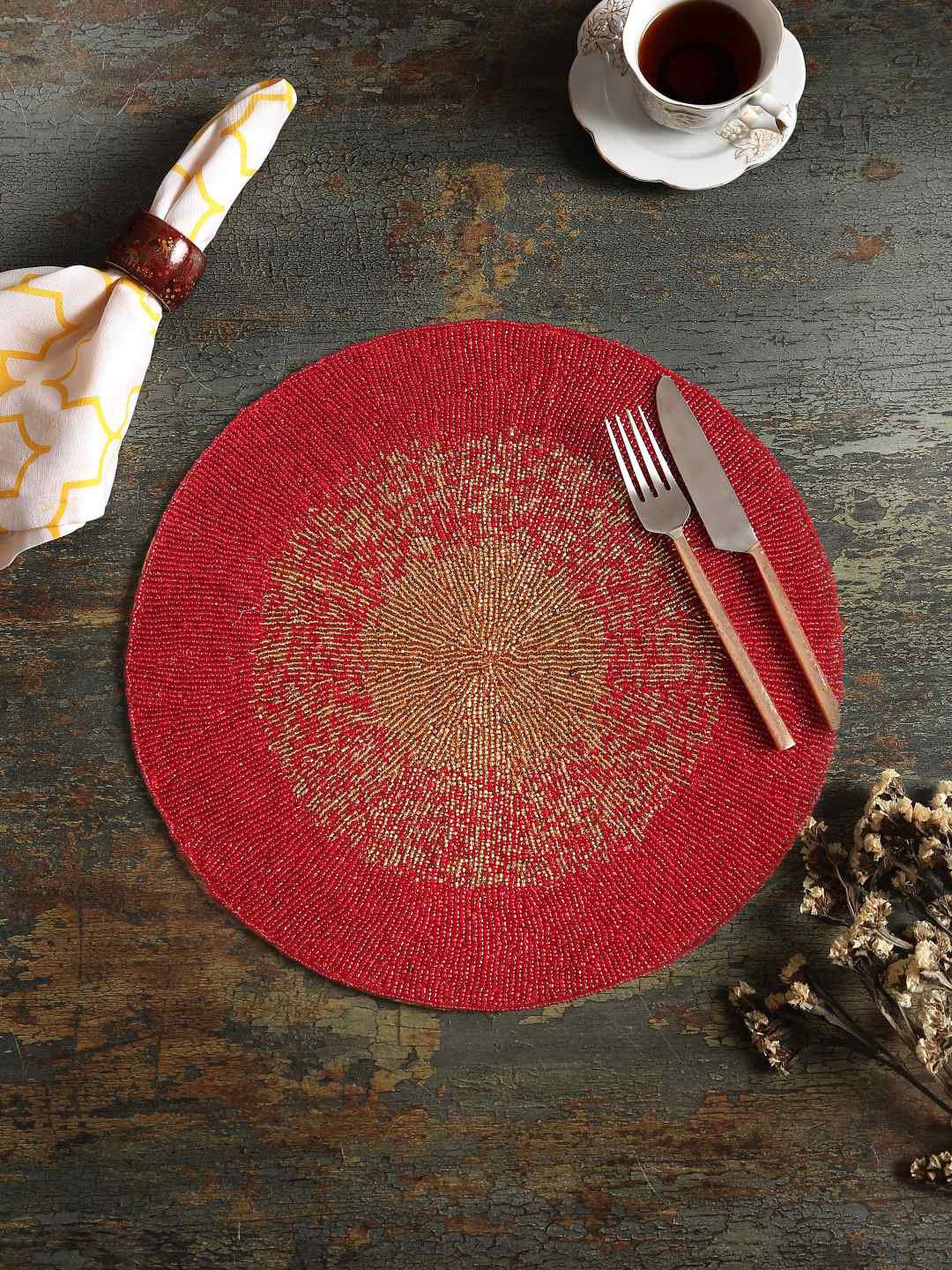 Amoliconcepts Red & Gold-Toned Beaded Round Table Placemat Price in India