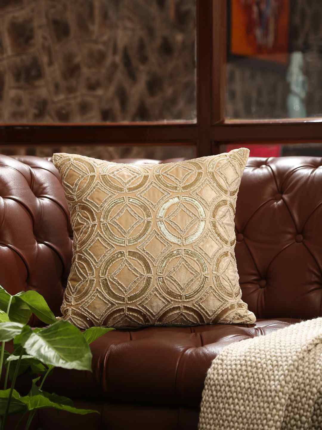 Amoliconcepts Beige Bead Embroidered Velvet Square Cushion Cover Price in India