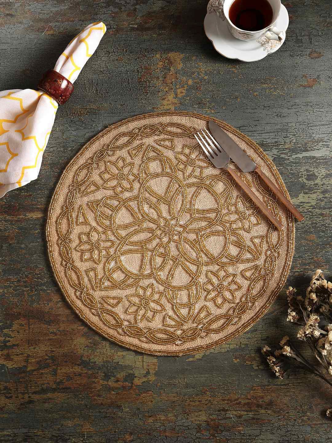 Amoliconcepts Brown Handbeaded Round Table Placemat Price in India