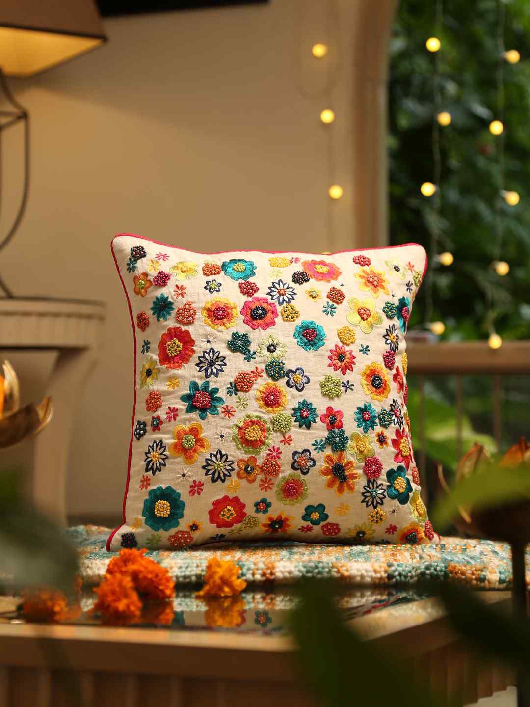 Amoliconcepts Beige & Yellow Floral Square Cushion Cover Price in India