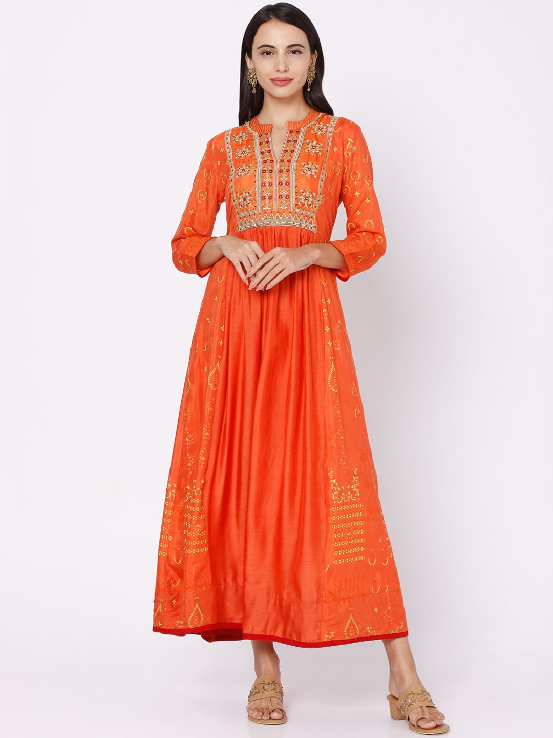 Ojas Designs Orange Ethnic Motifs Embroidered Ethnic Maxi Dress Price in India