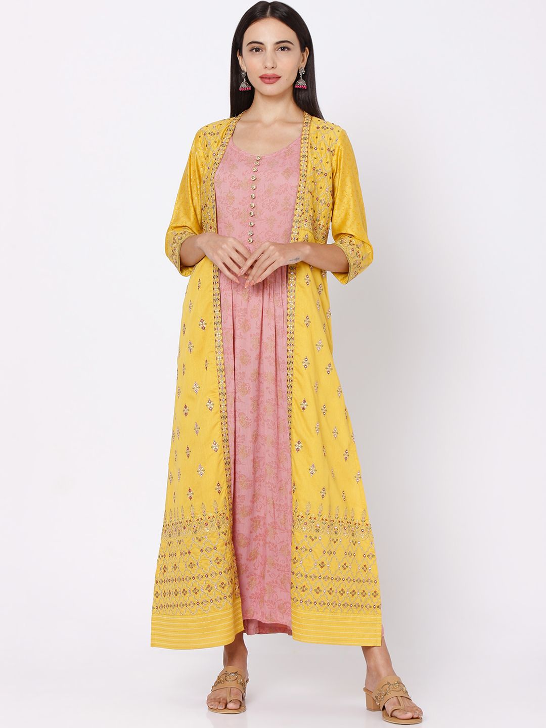 Ojas Designs Yellow Ethnic Motifs Maxi Dress Price in India