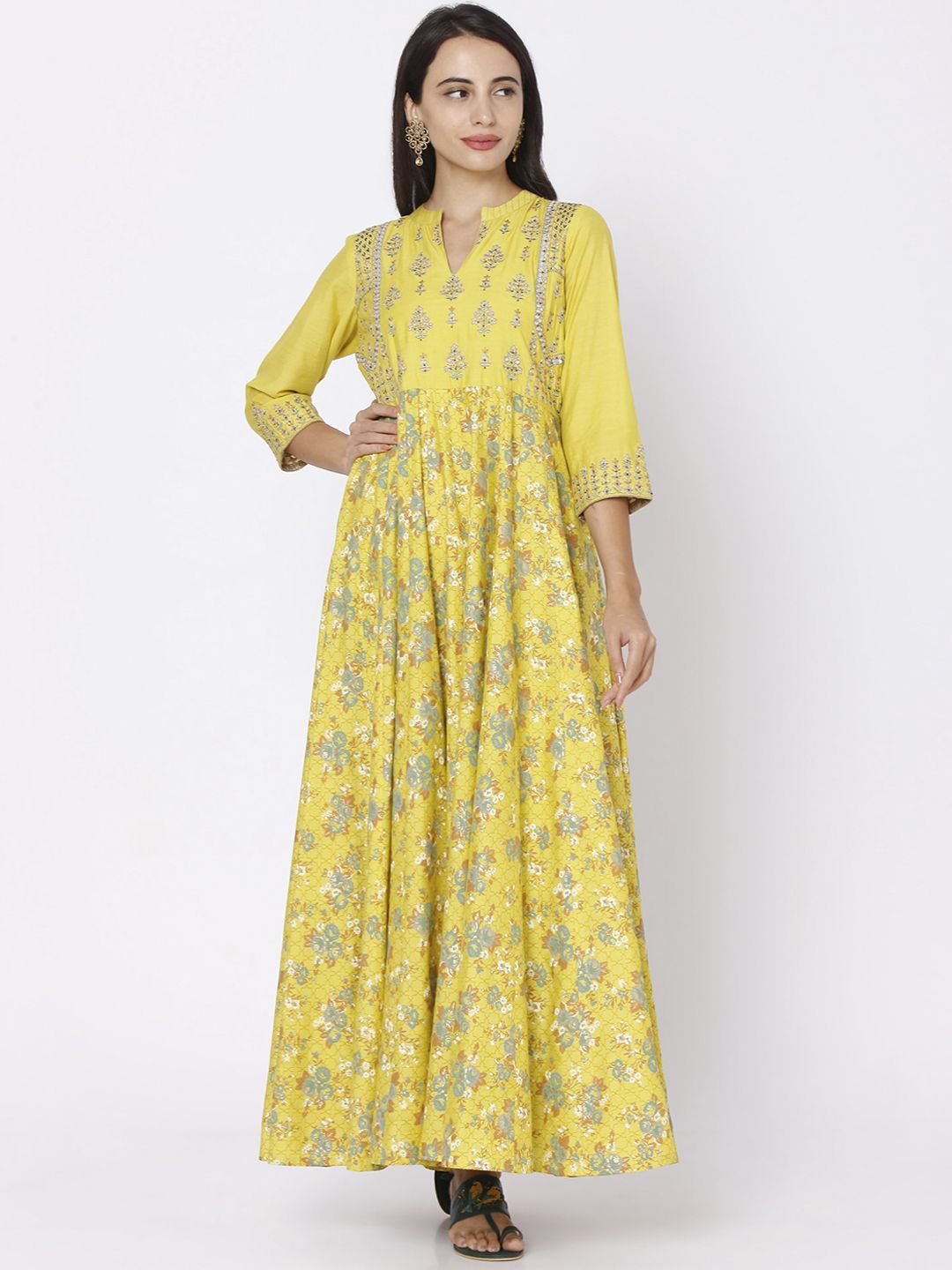 Ojas Designs Yellow Floral Maxi Dress Price in India