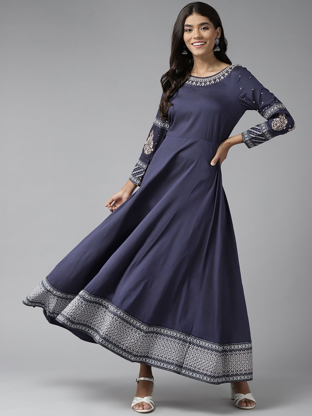 W Women Navy Blue & White Ethnic Motifs Print Sequin Work A-Line Maxi Dress Price in India