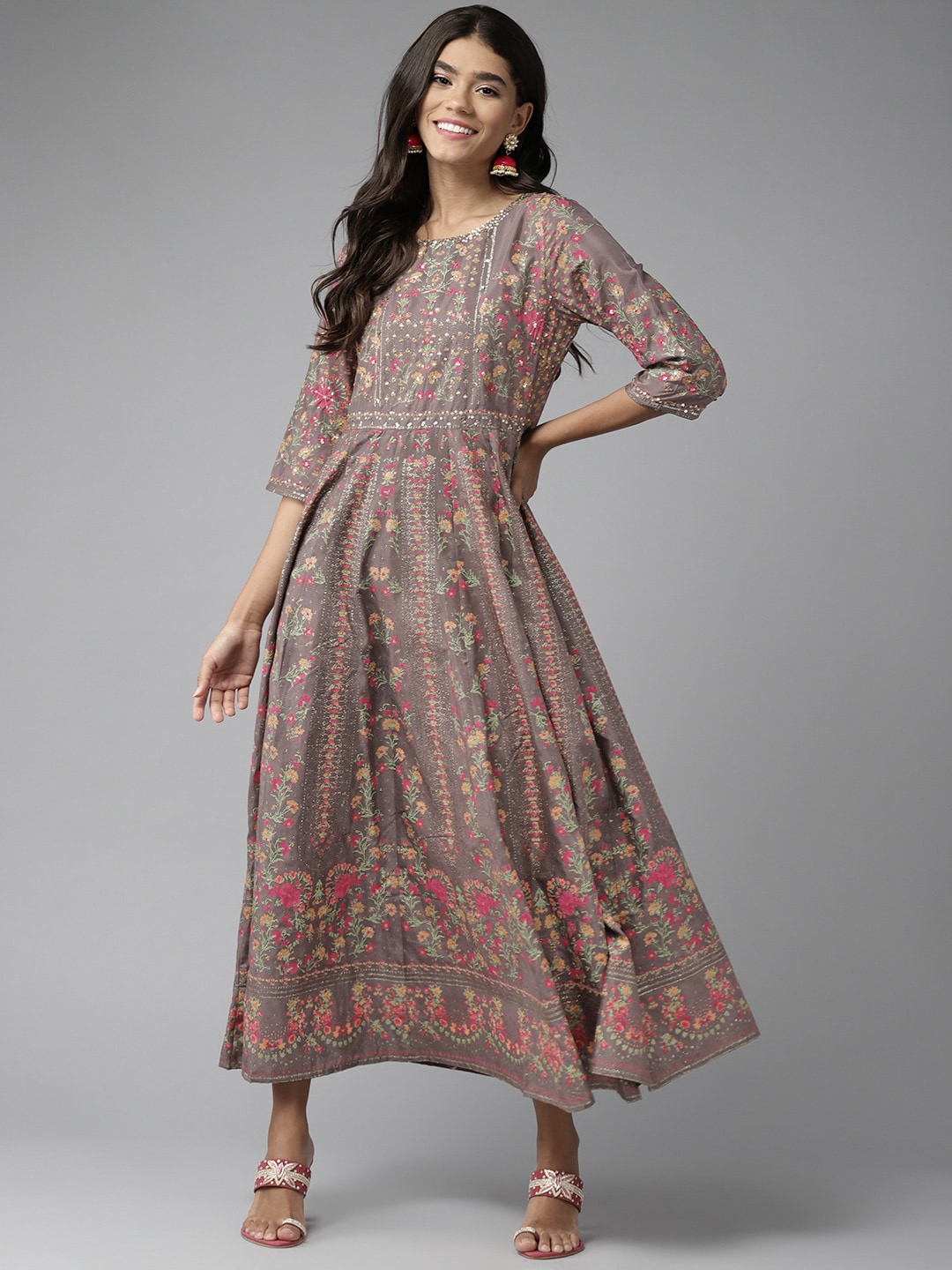 W Women Brown & Pink Ethnic Motifs Printed A-Line Maxi Dress Price in India