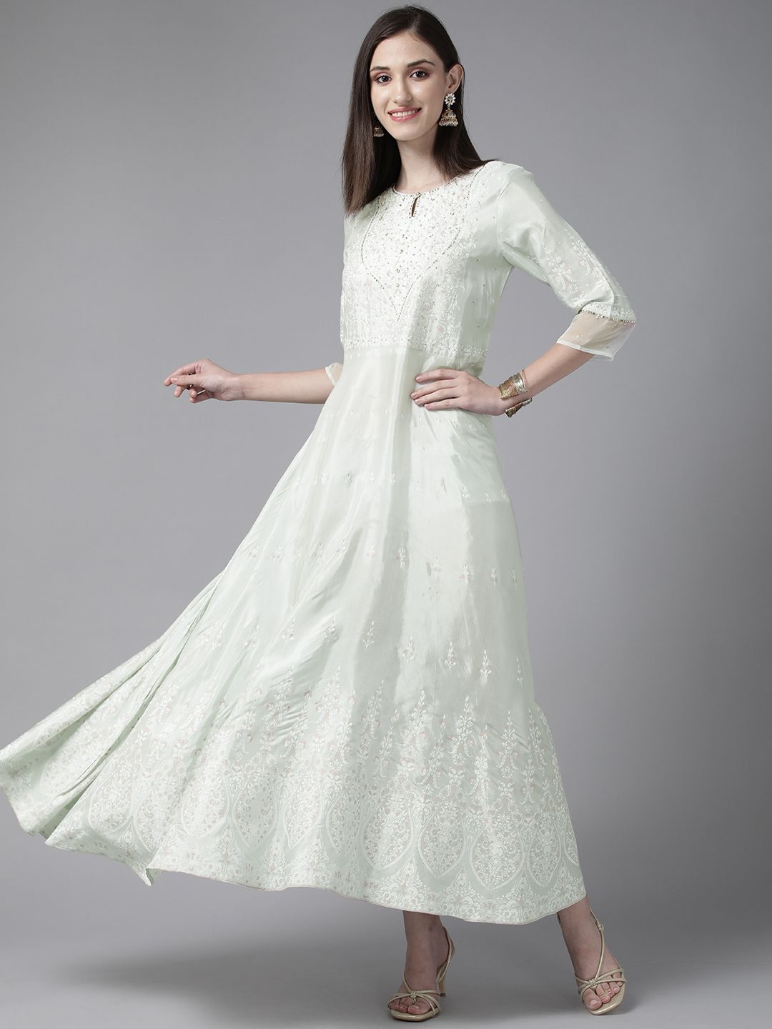 W Green & White Floral Ethnic A-Line Midi Dress Price in India