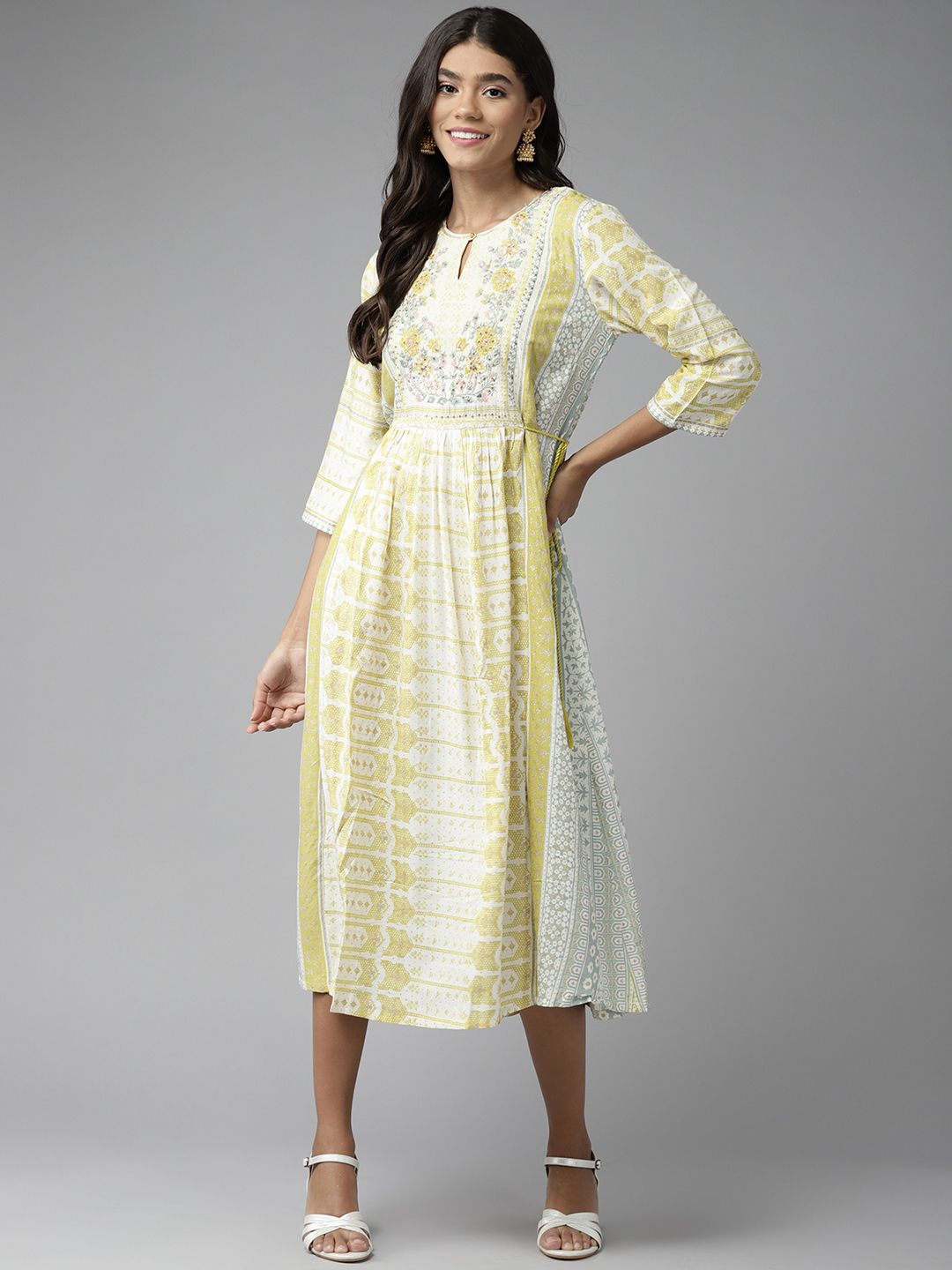 W Women White & Olive Green Ethnic Motifs Keyhole Neck A-Line Midi Dress Price in India