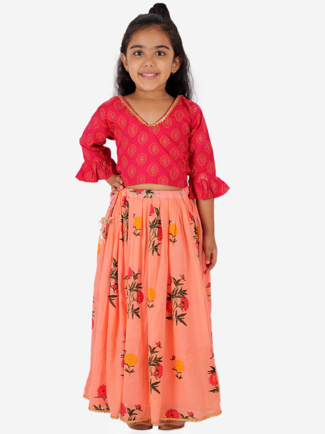 Chipbeys Girls Pink & Peach-Coloured Printed Ready to Wear Lehenga Choli
