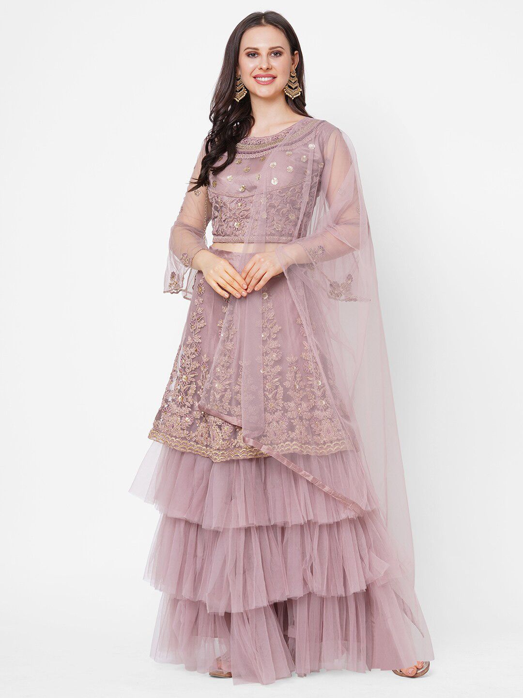 RedRound Pink & Gold-Toned Embroidered Semi-Stitched Lehenga & Unstitched Blouse With Dupatta Price in India