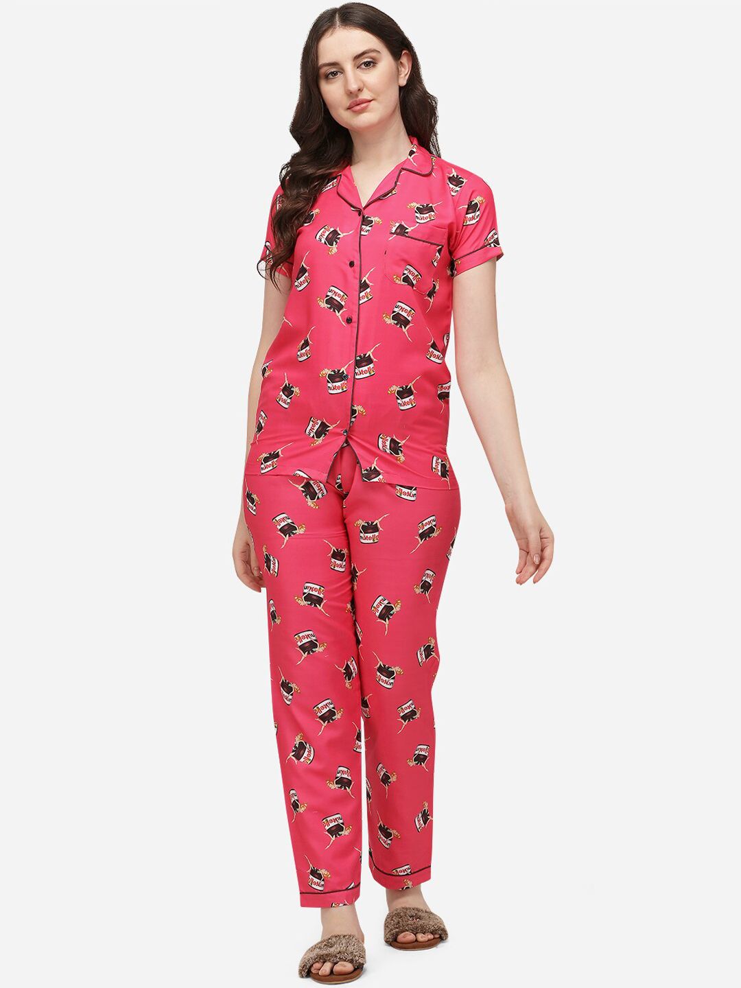 House of JAMMIES Women Pink 2 Pcs Nutty Nutella Graphic Printed Pure Cotton Night Suit Price in India