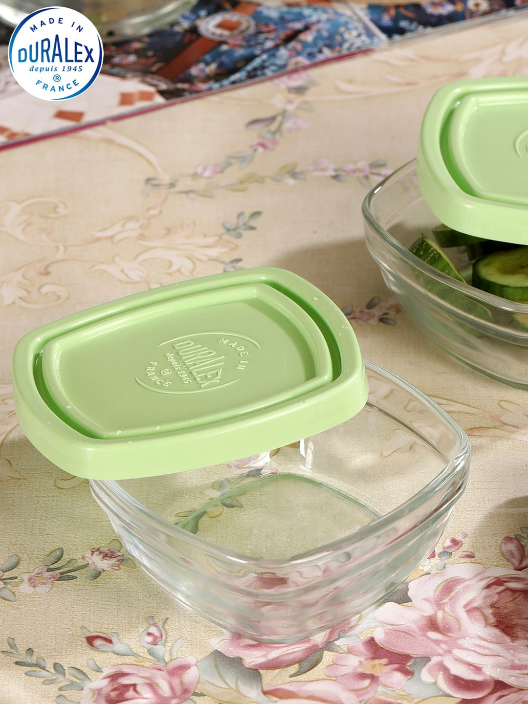 DURALEX Set Of 2 Transparent & Green Solid Square Food Containers Price in India