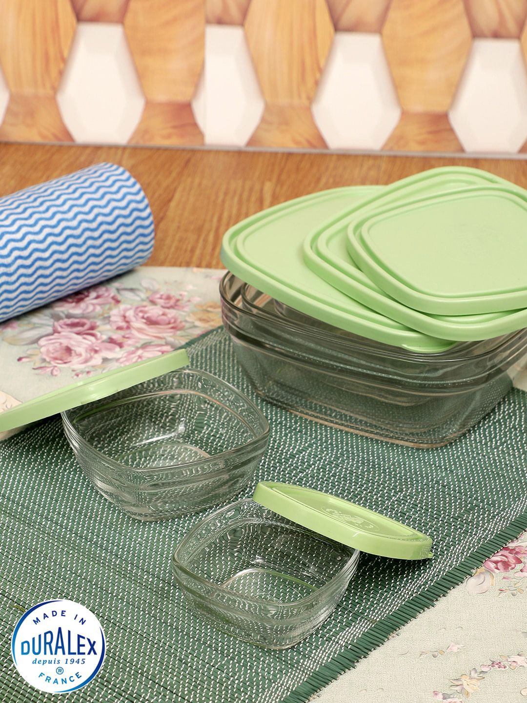 DURALEX Set of 5 Transparent Stackable Lunch Boxes With Green Lid Price in India