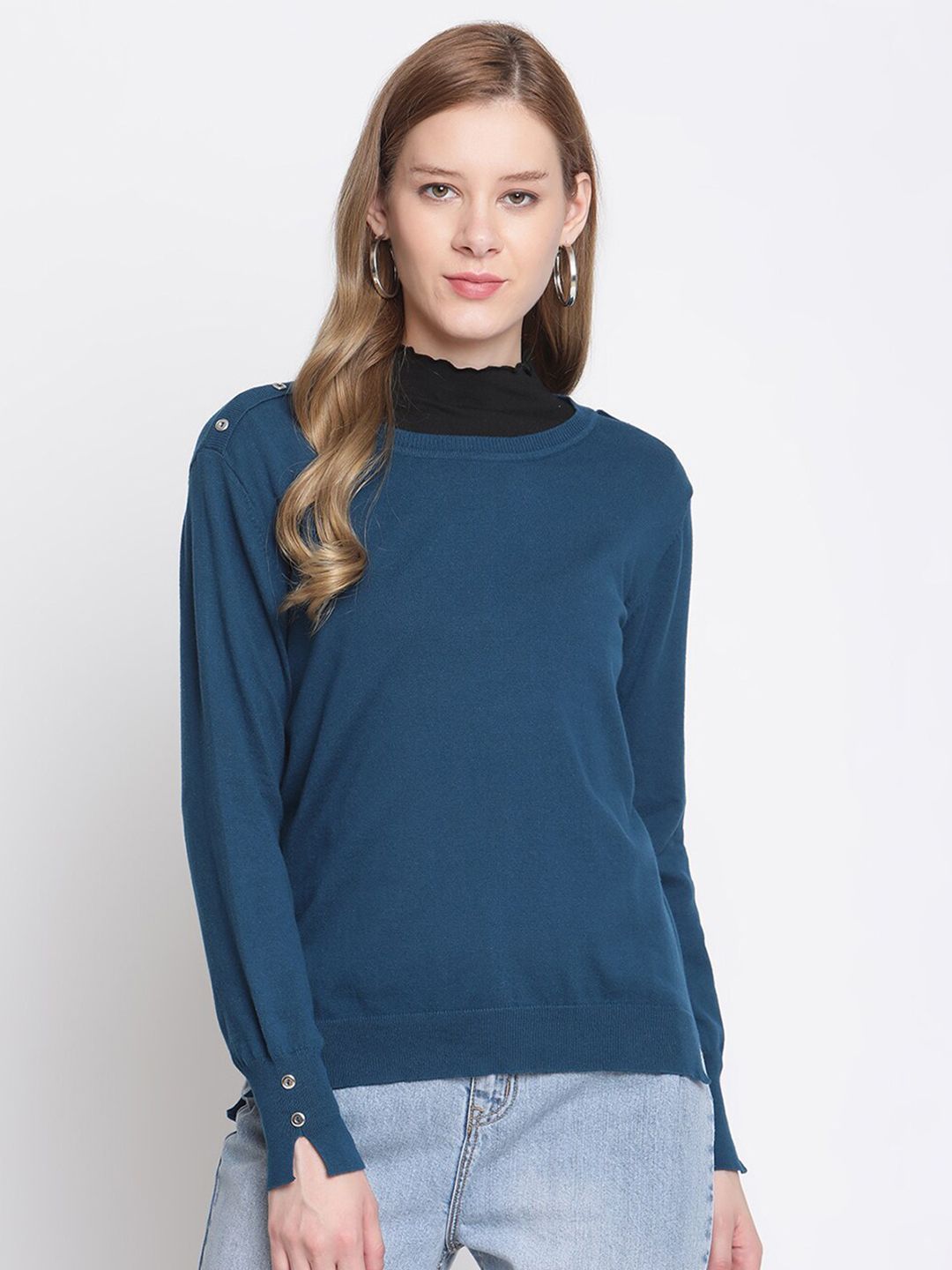 Madame Women Navy Blue Solid Wool Pullover Sweater Price in India