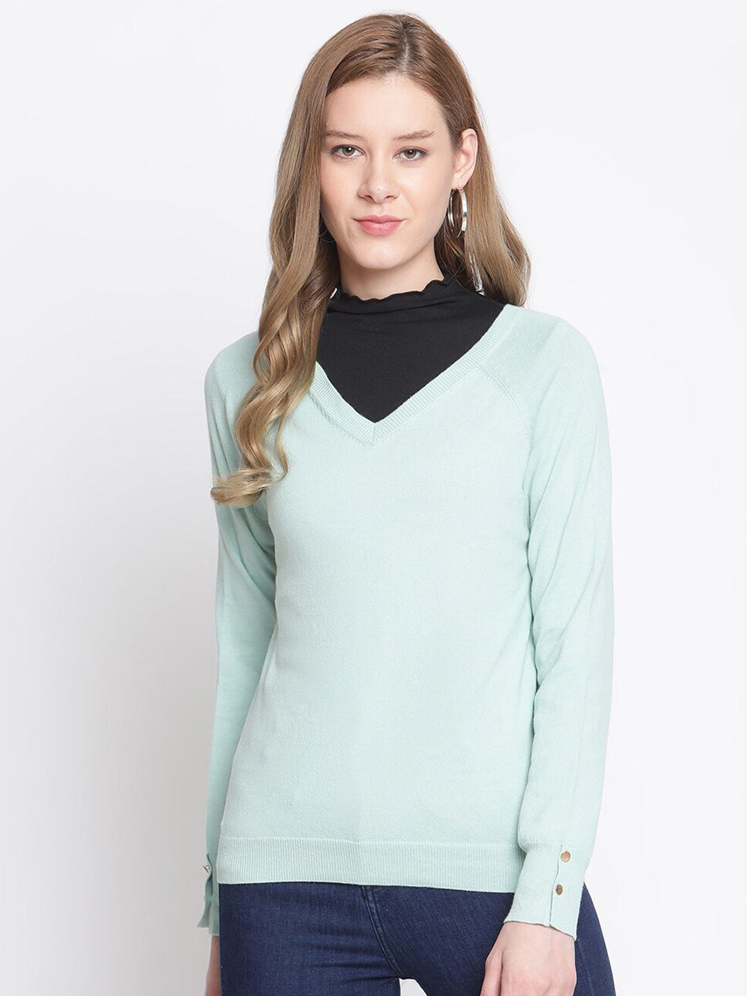 Madame Women Turquoise Blue Solid V neck Pullover Price in India