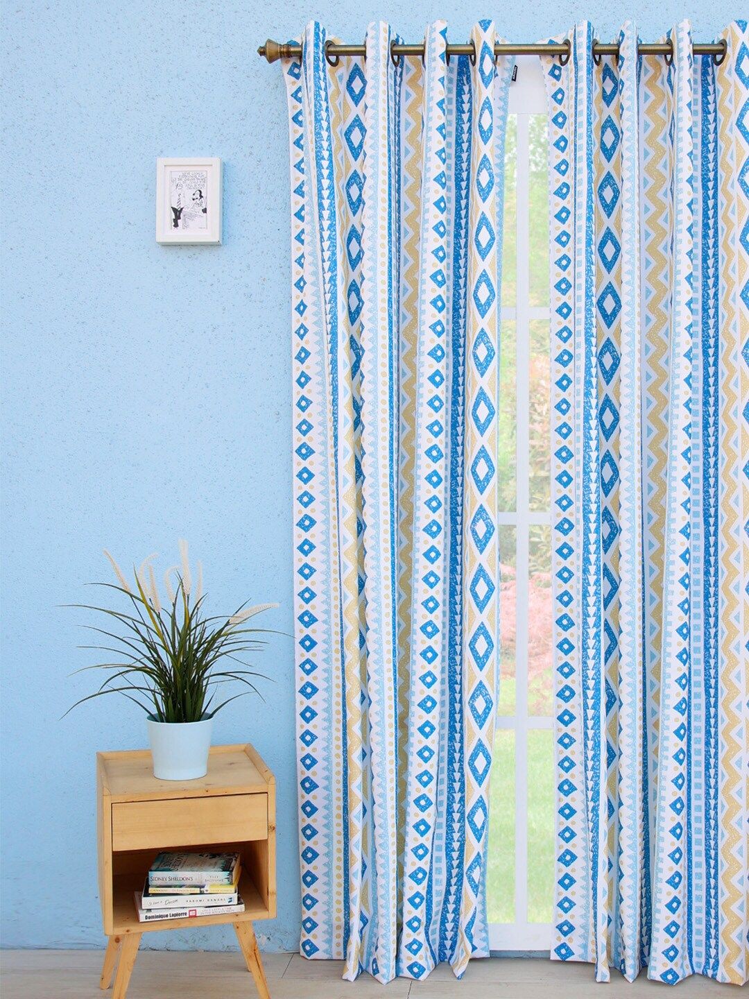 Ariana Blue & White Geometric Long Door Curtain Price in India