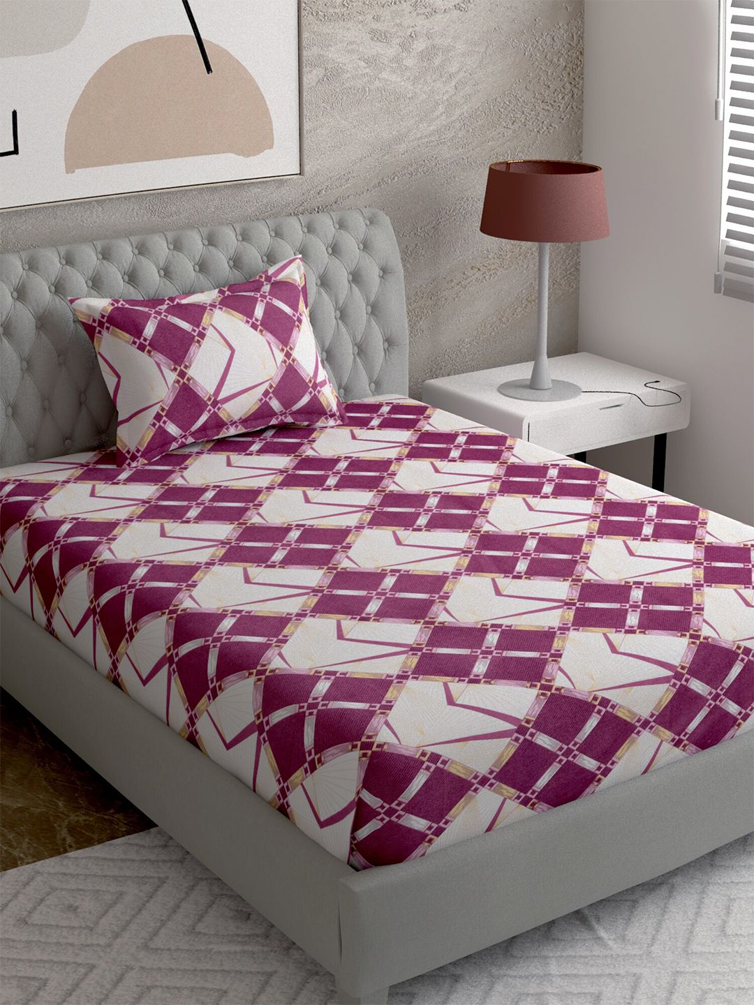 EverHOME Burgundy & White Geometric 144 TC Single Bedsheet with 1 Pillow Covers Price in India