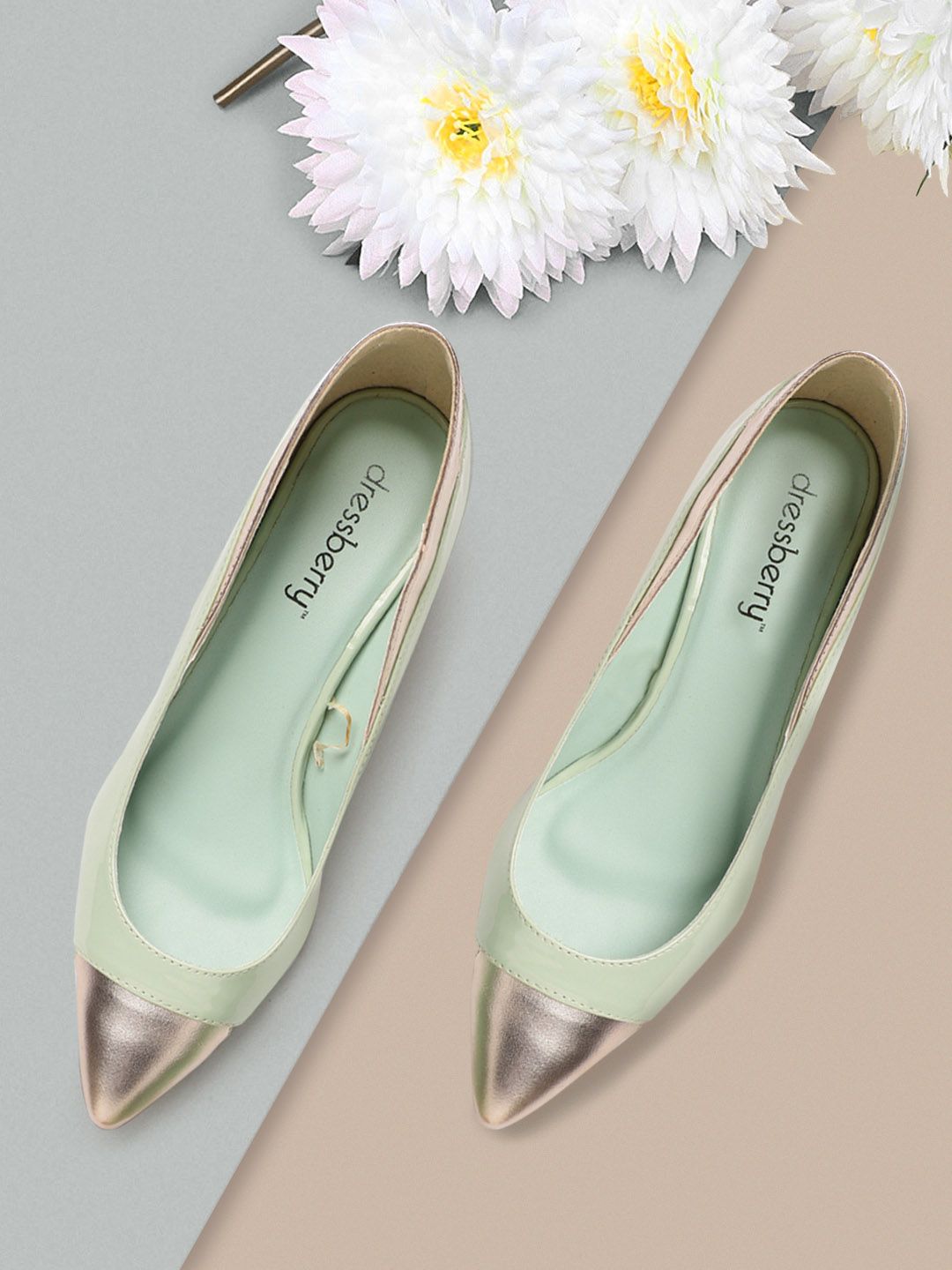 DressBerry Women Green & Muted Gold-Toned Colourblocked Pumps Price in India