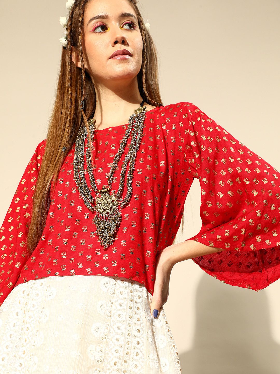 InWeave Red & Gold-Toned Regular Crop Top