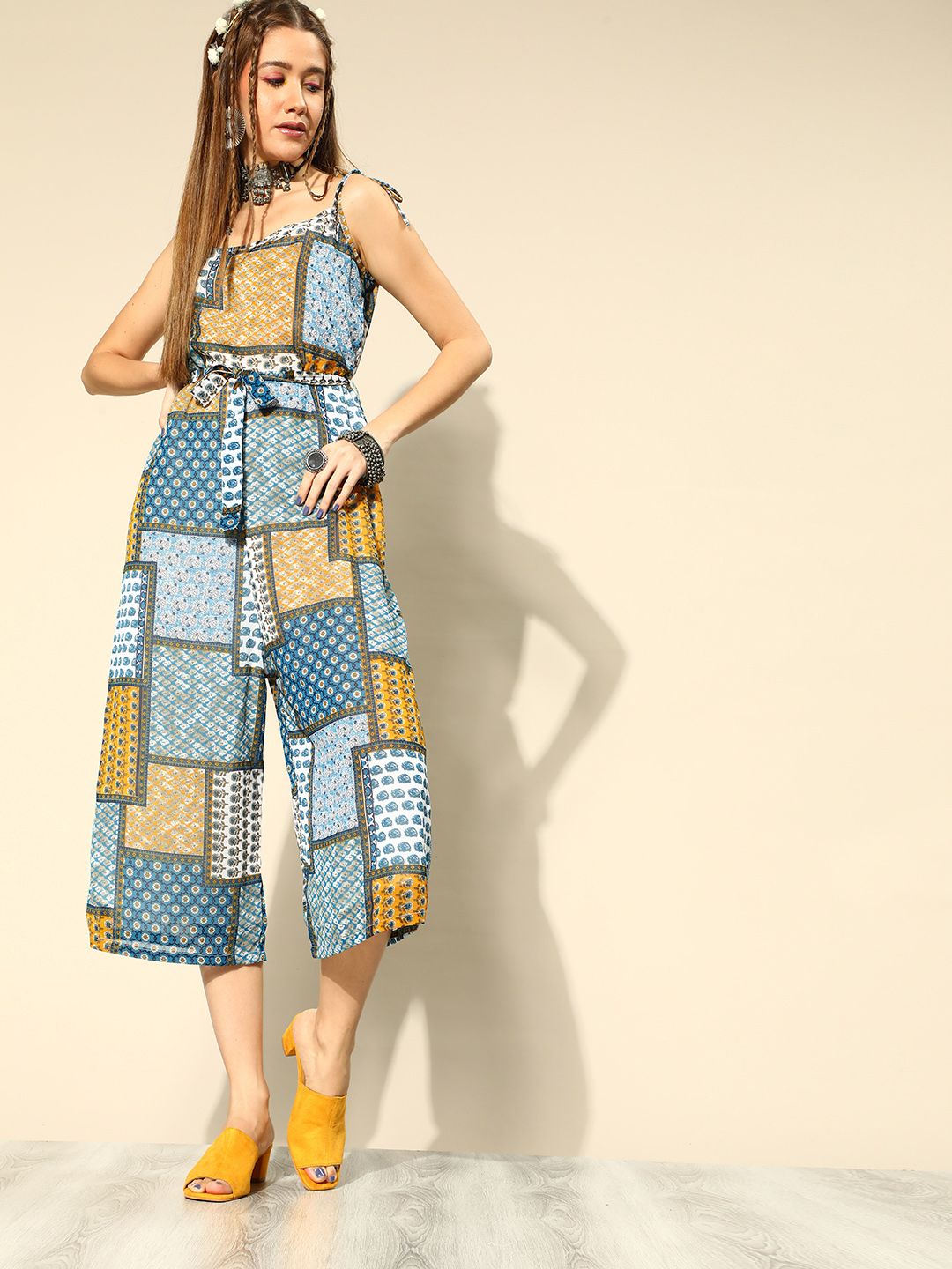 InWeave Women Blue Printed Cropped Jumpsuit Price in India