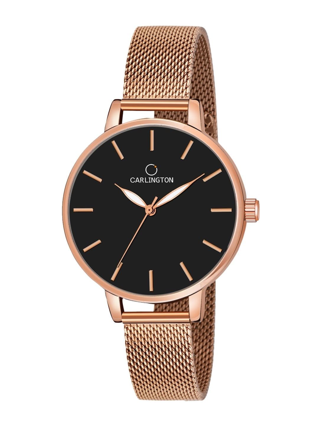 CARLINGTON Women Black Dial & Rose Gold Toned Stainless Steel Bracelet Style Straps Analogue Watch Price in India