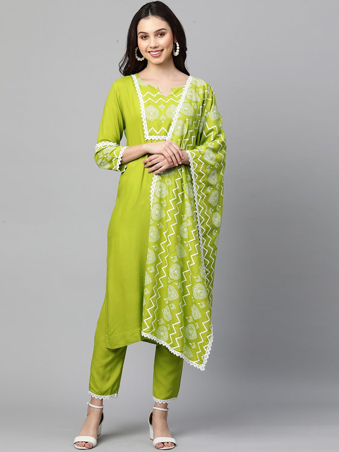 KALINI Women Lime Green Printed Panelled Kurti with Trousers & With Dupatta Price in India